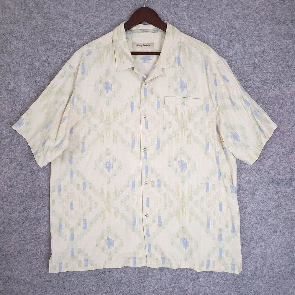 TOMMY BAHAMA Mens XL Silk Ikat Diamond Print Short Sleeve Beige Camp Shirt